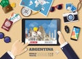 Hand holding smart tablet booking travel destination.Argentina famous places.Vector concept banners in flat style with the set of