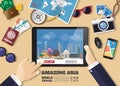 Hand holding smart tablet booking travel destination.Asia famous places.Vector concept banners in flat style with the set of Royalty Free Stock Photo