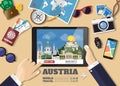 Hand holding smart tablet booking travel destination.Australia famous places.Vector concept banners in flat style with the set of Royalty Free Stock Photo