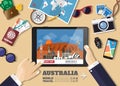 Hand holding smart tablet booking travel destination.Australia famous places.Vector concept banners in flat style with the set of Royalty Free Stock Photo