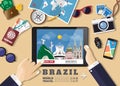 Hand holding smart tablet booking travel destination.Brazil famous places.Vector concept banners in flat style with the set of Royalty Free Stock Photo