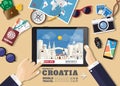 Hand holding smart tablet booking travel destination.Croatia famous places.Vector concept banners in flat style with the set of