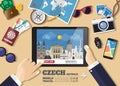 Hand holding smart tablet booking travel destination.Czech famous places.Vector concept banners in flat style with the set of Royalty Free Stock Photo