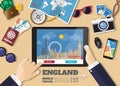 Hand holding smart tablet booking travel destination.England famous places.Vector concept banners in flat style with the set of