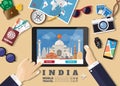 Hand holding smart tablet booking travel destination.India famous places.Vector concept banners in flat style with the set of