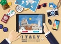 Hand holding smart tablet booking travel destination.Italy famous places.Vector concept banners in flat style with the set of