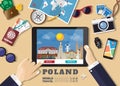 Hand holding smart tablet booking travel destination.Poland famous places.Vector concept banners in flat style with the set of