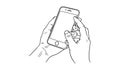 A hand holding a smartphone with another hand touching the screen in a line drawing style on a white background Royalty Free Stock Photo