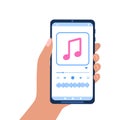 Hand holding smartphone with audio player interface on screen. Playlist mobile app. Listening podcast, music or online Royalty Free Stock Photo