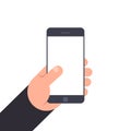 Hand holding smartphone with blank screen. Flat illustration isolated on white background. Mockup for design. Royalty Free Stock Photo
