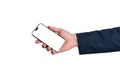 Hand holding smartphone with blank screen isolated on white background, perfect for mobile apps, digital wallets, fintech Royalty Free Stock Photo