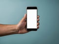 Hand holding smartphone with blank white screen. Royalty Free Stock Photo