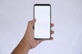 Hand Holding Smartphone with Blank White Screen on light Background Royalty Free Stock Photo