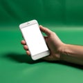 A hand holding a smartphone with a blank white screen, set against a solid green background. The Royalty Free Stock Photo