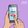 Hand holding smartphone with book button on screen. Concept of online booking mobile application. Reservation of hotel