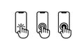 Hand holding smartphone and clicking blank white screen icon set. Using mobile smart phone. Vector EPS 10. Isolated on white Royalty Free Stock Photo
