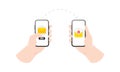 Hand holding smartphone with closed envelope, send button and notification with heart. Hand holding phone with heart emoji. Love