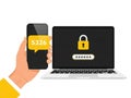 Hand holding smartphone with code, laptop with lock icon isolated on white background Royalty Free Stock Photo