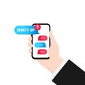 Hand holding smartphone with dialog window illustration. Whats up message. Bubble speech. Dialogues mockup. Vector EPS 10.