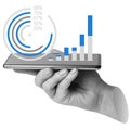 Hand holding smartphone displaying circular diagram and bar chart. Data visualization, analysis, or business intelligence. Part of Royalty Free Stock Photo