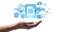 A hand holding a smartphone displaying cloud and data storage icons alongside a document. isolated on white background Royalty Free Stock Photo