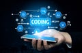 Hand Holding Smartphone Displaying Coding Concepts with Data Structure, Testing, Source Code, Process, and Technology Royalty Free Stock Photo