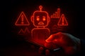 Hand holding smartphone displaying glowing red robot and warning signs technology Royalty Free Stock Photo