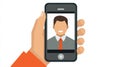 Hand holding smartphone displaying professional headshot emphasizing modern networking virtual presence digital communication