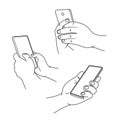 Hand holding smartphone doodle hand drawn vector illustration