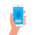 Hand holding smartphone with fingerprint protect online banking. Fingerprint hand scan security. Protect sensitive data concept.