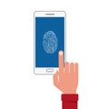 Hand holding smartphone with fingerprint on screen. Fingerprint hand scan security. Protect sensitive data concept.