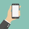 Hand holding smartphone. Flat illustration