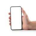 Hand holding smartphone frame isolated on white background Royalty Free Stock Photo