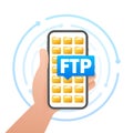 Hand holding a smartphone with FTP File Transfer Protocol icon and folders, concept for file sharing and data management