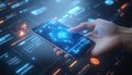 Hand Holding Smartphone with Futuristic Digital Interface in Dark Technology Background Royalty Free Stock Photo
