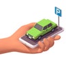 Hand Holding Smartphone With Green Car and Parking Sign. Parking App Concept