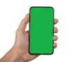 A hand holding a smartphone with a green screen display against a plain background Royalty Free Stock Photo