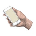 Hand holding smartphone,Human hand drawing engraving illustration