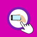 Hand holding smartphone icon. Mobile phone photography concept. Hand Mouse Cursor Clicks the Button Royalty Free Stock Photo