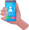 Hand holding smartphone with incoming call, cellular communication, reject and accept buttons