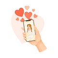 Hand Holding Smartphone Liking Post or Photo in Social Media Vector Illustration Royalty Free Stock Photo