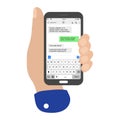 Hand holding smartphone with live chatting pattern sms bubblest. Phone SMS chat composer. Put your own text in message. Creative Royalty Free Stock Photo