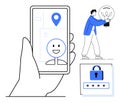 Smartphone with Location, Smiling Avatar, Padlock, and Man Carrying a Lightbulb for Innovative Ideas Royalty Free Stock Photo