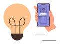 Hand holding a smartphone with lock screen and unlock button beside a light bulb for innovative access Royalty Free Stock Photo