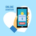Hand holding smartphone and making online donation. Putting money in to the donation box in flat design. Time for charity concept