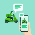 Hand holding smartphone with message notifications. User chat with the delivery man riding scooter.