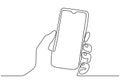 Hand holding smartphone or mobile phone gadget for communication. Continuous one line drawing minimalism. Technology communication