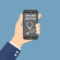 Hand holding smartphone with online doctor app on screen. Healthcare mobile service concept Royalty Free Stock Photo