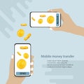 Hand holding smartphone and press send button. Online money transfer. vector illustration. Royalty Free Stock Photo