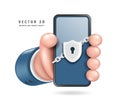 Hand holding smartphone with protective shield with keyhole and has metal chain attached to smartphone Royalty Free Stock Photo